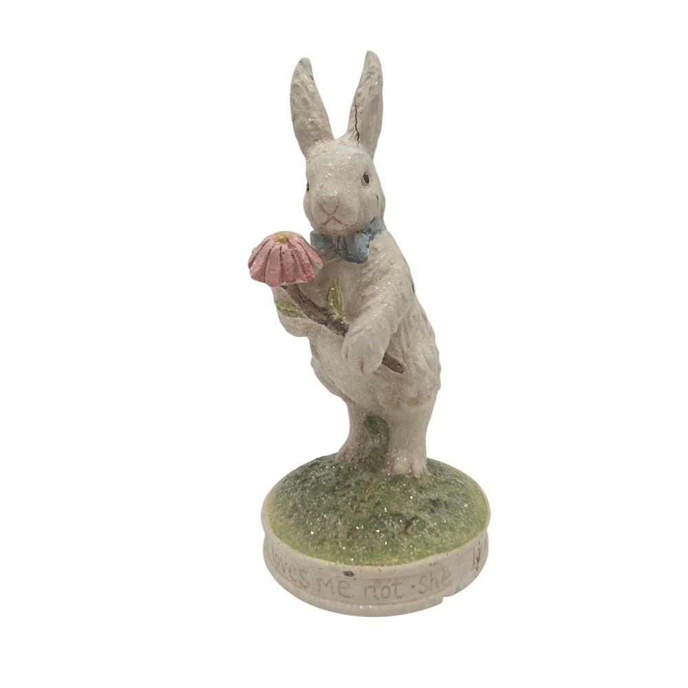 Vintage Style Easter Bunny Rabbit Figurine She Loves Me Not Flower